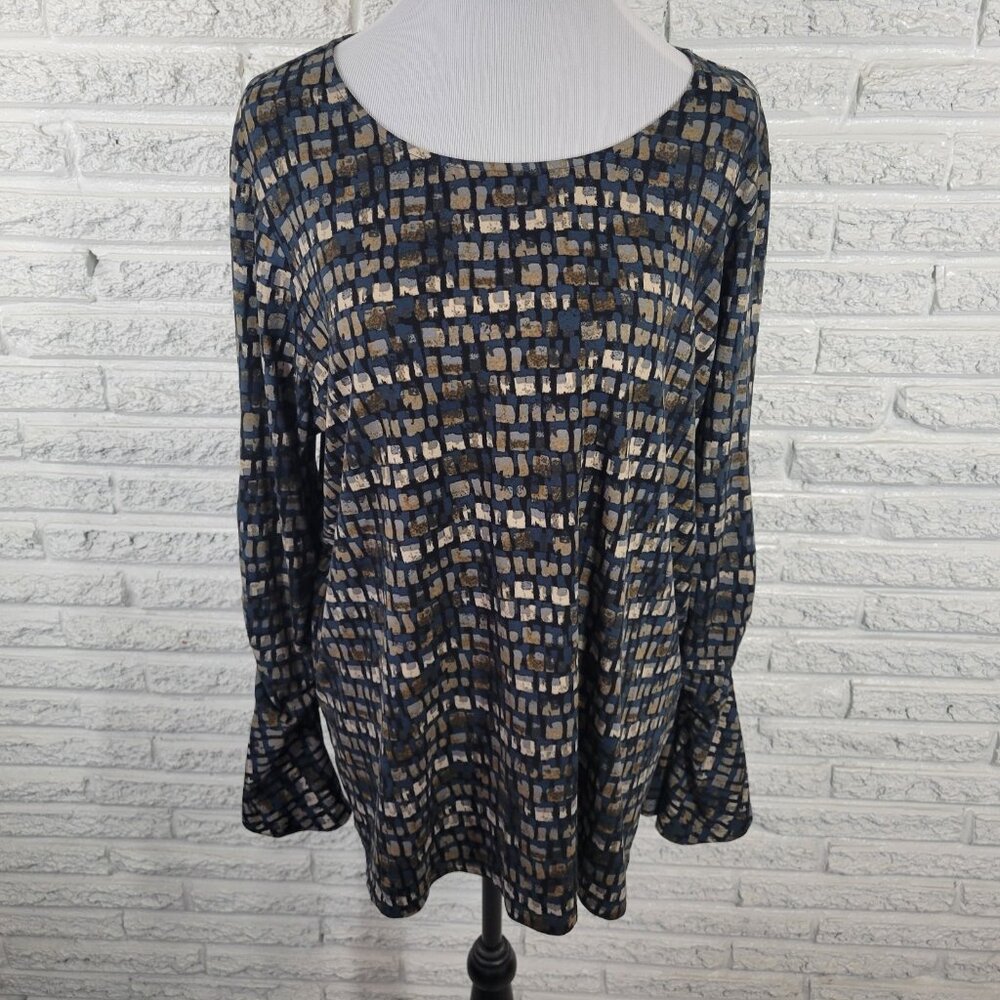 Susan Graver QVC Women's XL Blue Brown Geometric Blouse Ruched GEO200XE